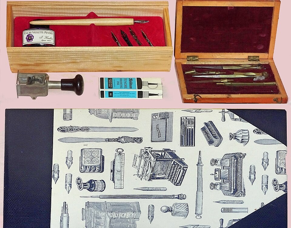 Desk set with calligraphy tools, nibs and ink